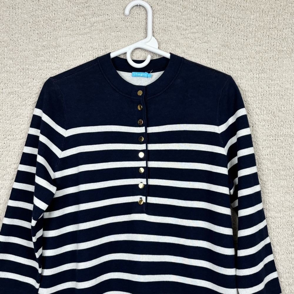 J. McLaughlin Dress Women M Navy White Stripe Merilee 3/4 Sleeve Mock Neck Swing - Picture 2 of 14